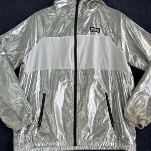 PINK Victoria's Secret Jacket Womens XS Small Silver White Hooded Windbreaker
